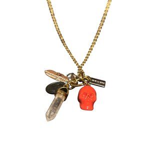 Coach Skull Charm Necklace Gold-Tone Chain With Crystal & Red Skull Pendant
